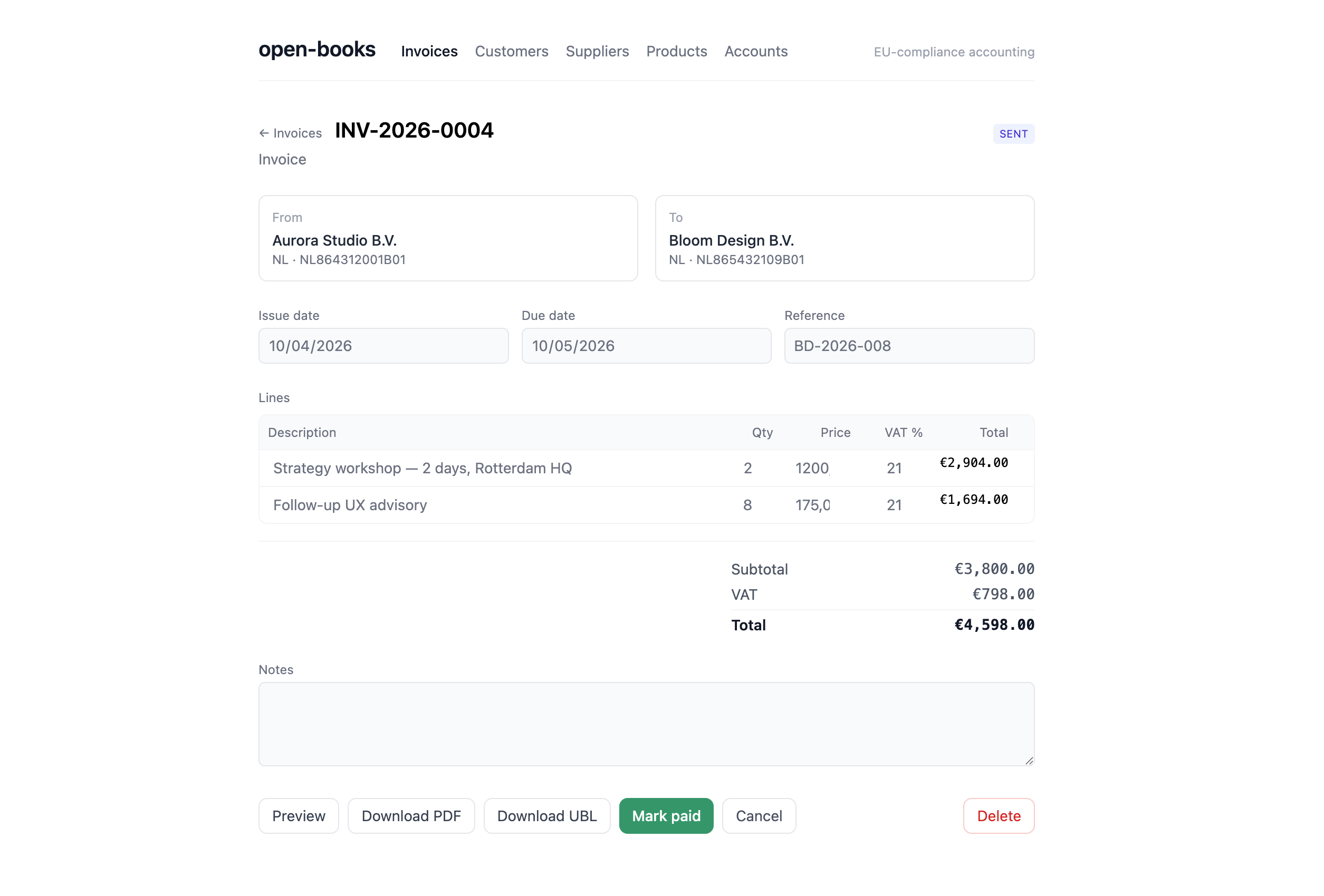 Invoice editor in OpenBooks