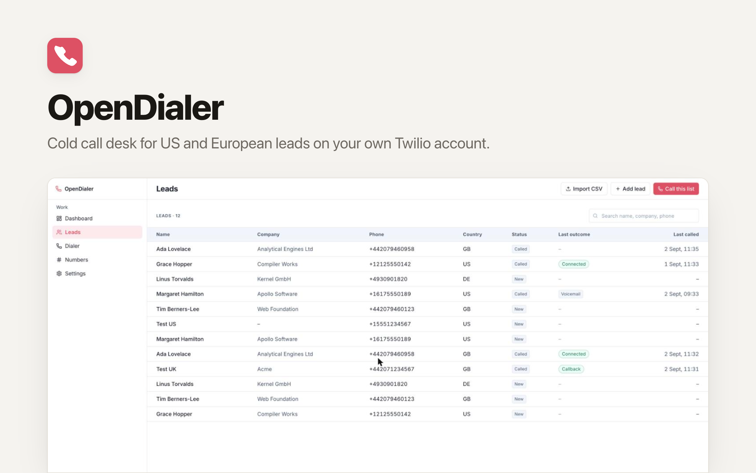 Dialer app screenshot