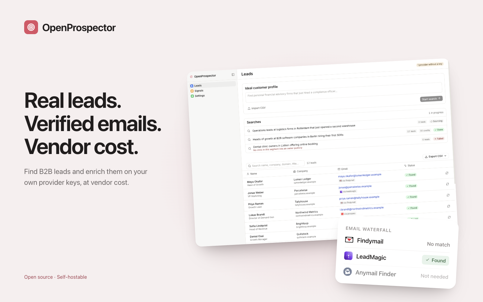 OpenProspector leads list with an email waterfall showing which provider found each address
