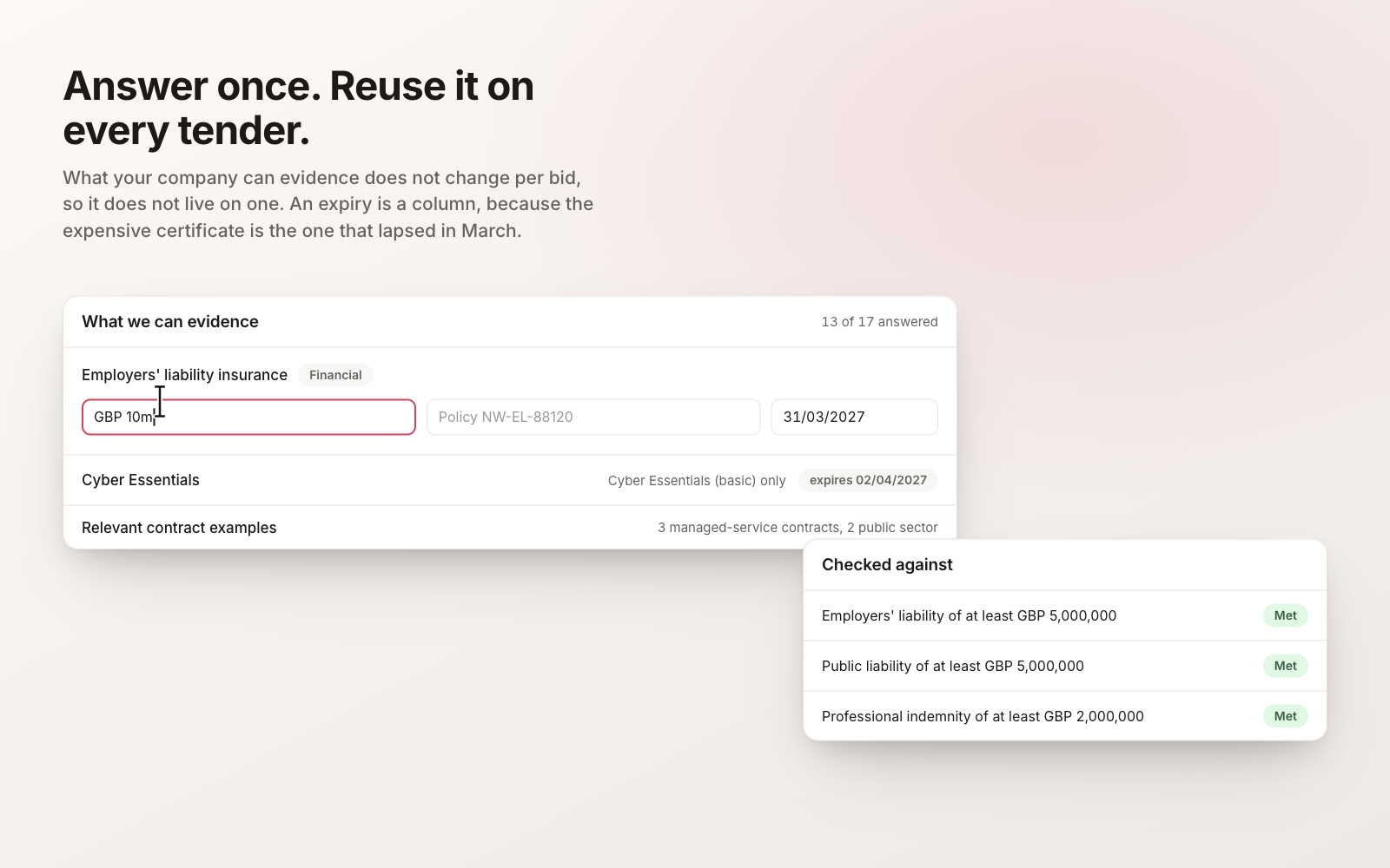Conceptual illustration of the capability profile: an insurance value being typed into a focused field, with a second card showing the tender requirements it satisfies