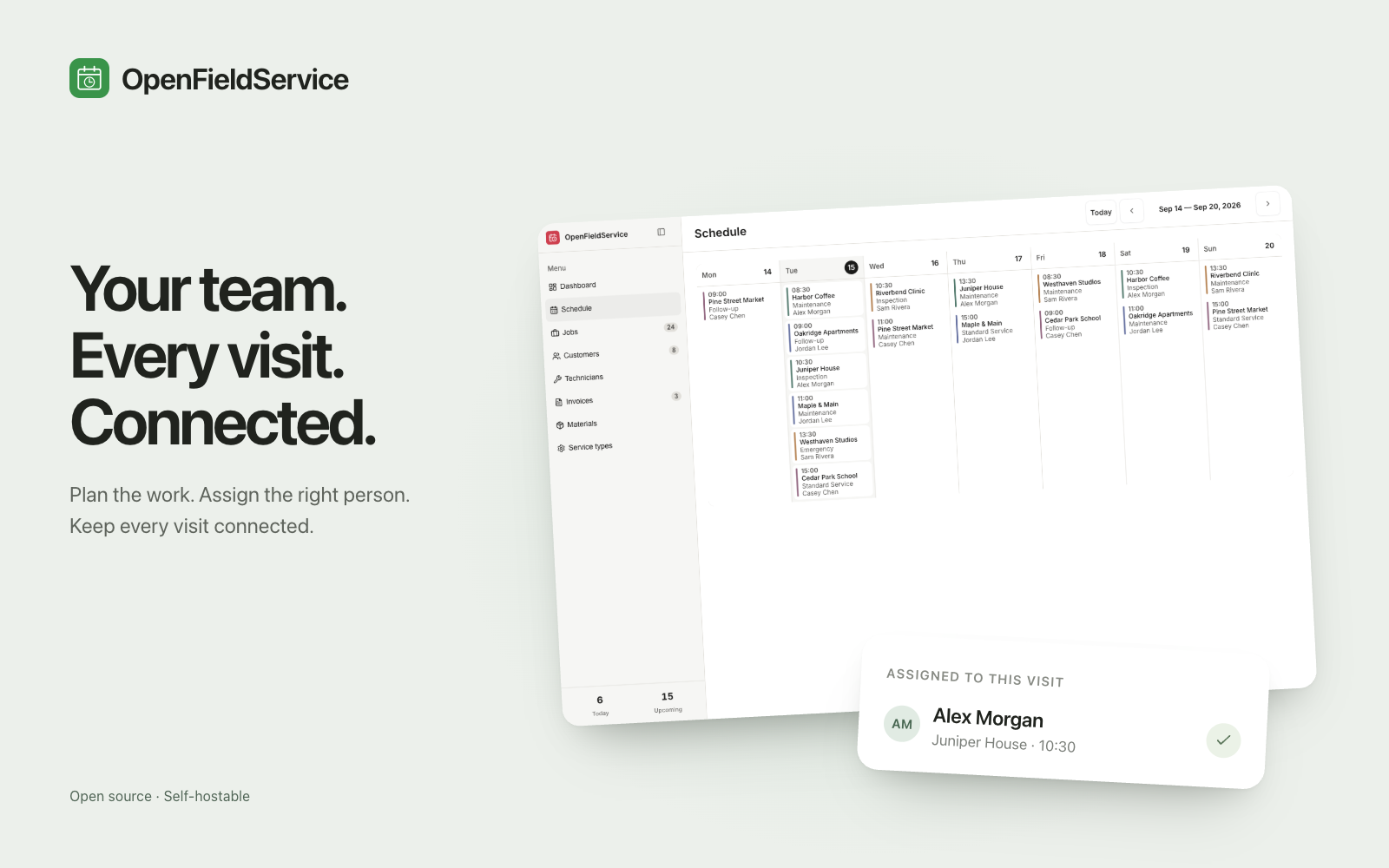 OpenFieldService weekly dispatch with a technician assignment panel
