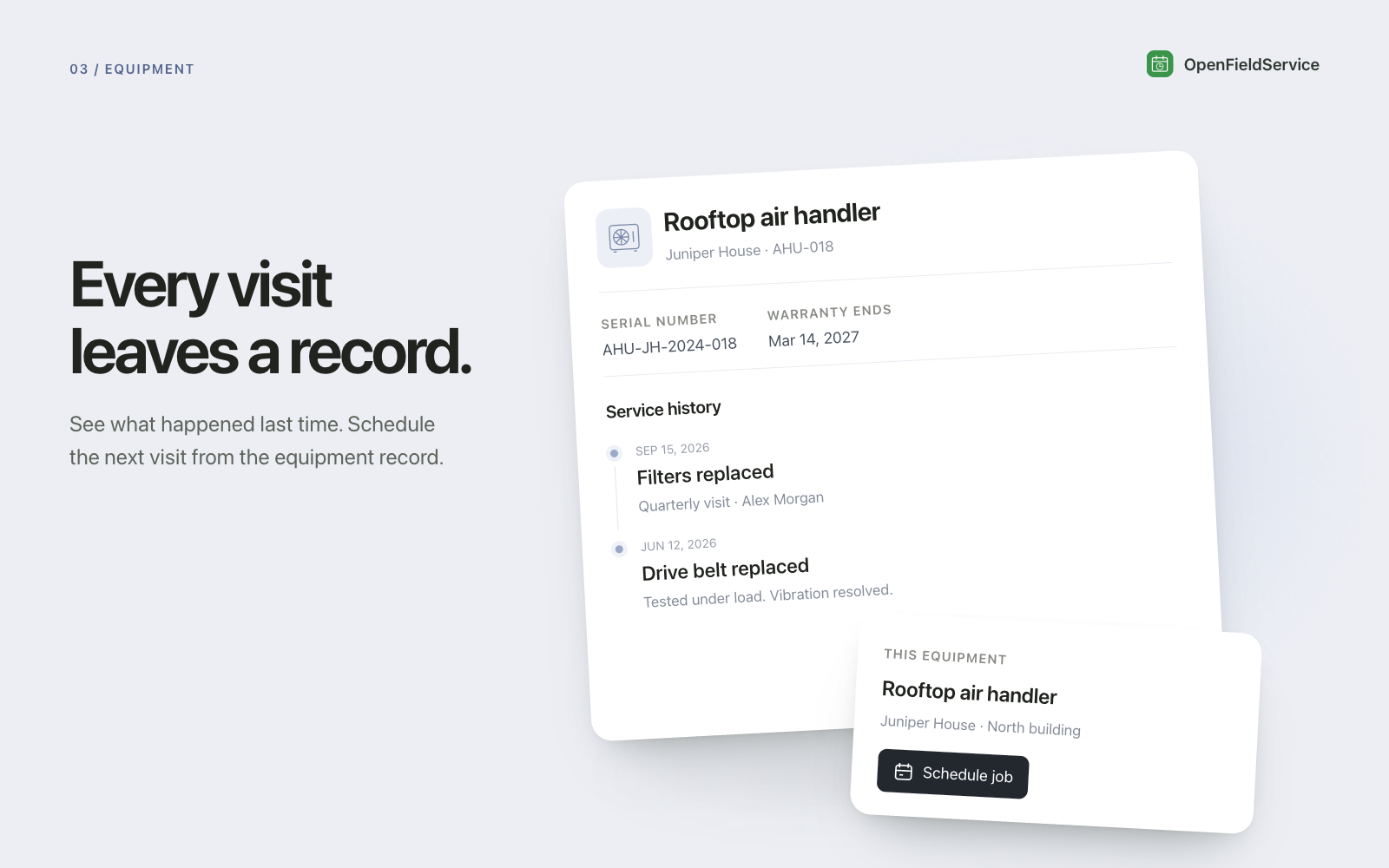 Equipment service history with an overlapping schedule-job panel