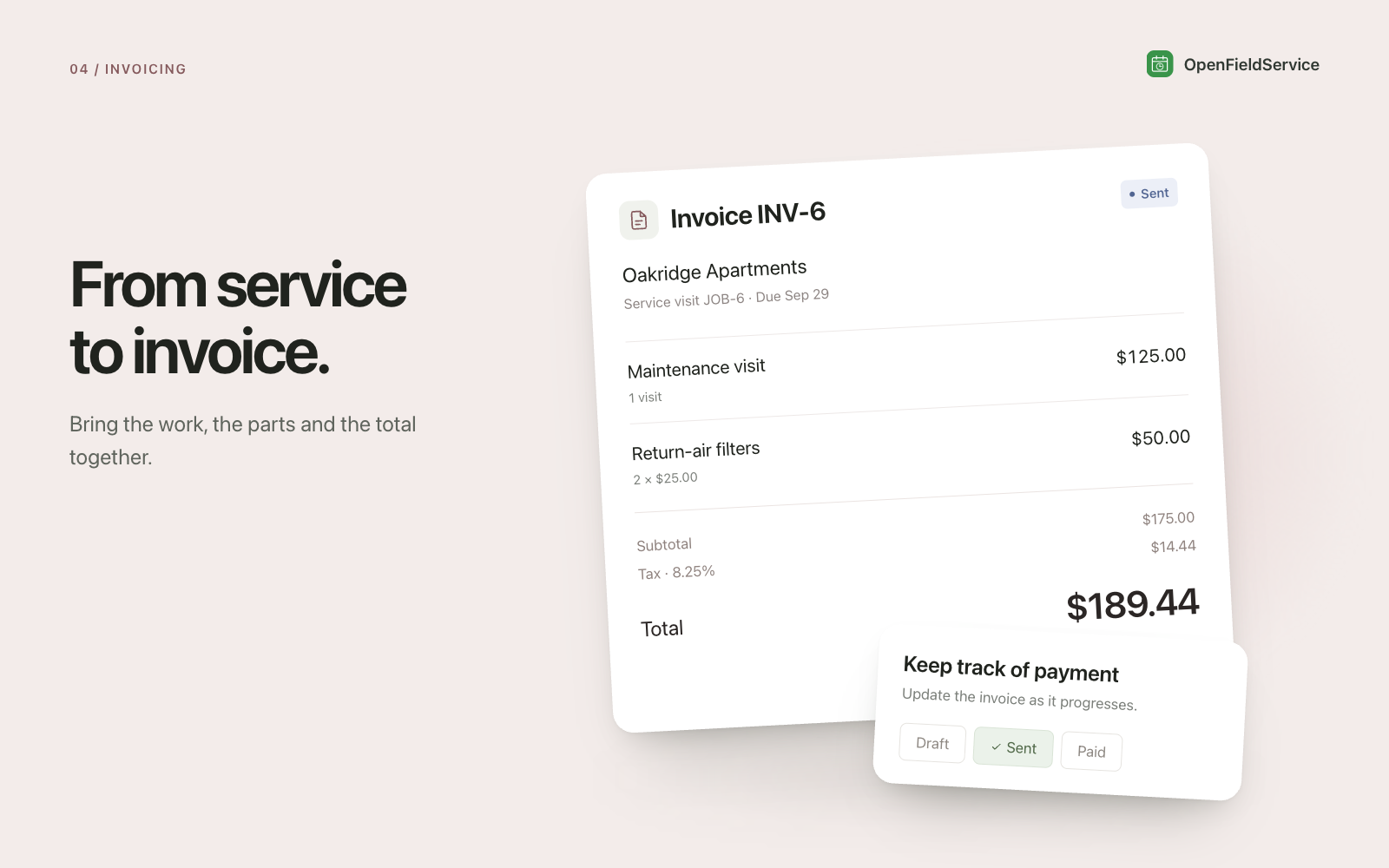 Itemized invoice with an overlapping invoice-status panel