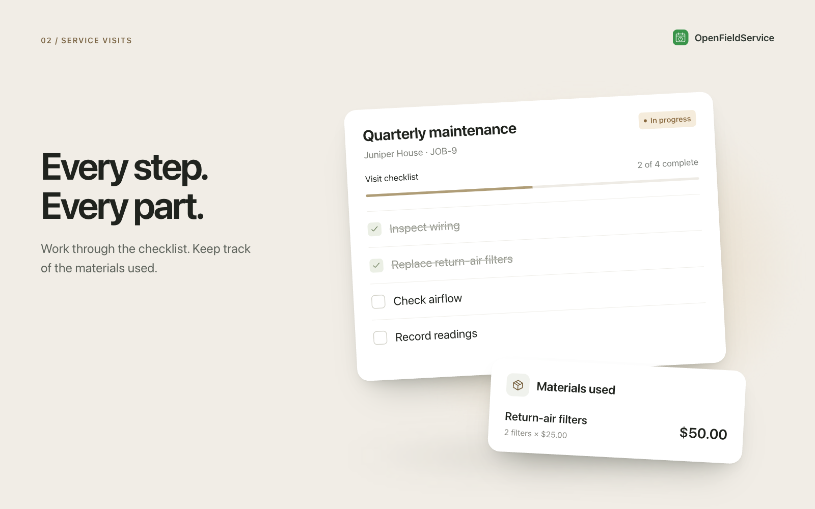 Job checklist with an overlapping materials panel