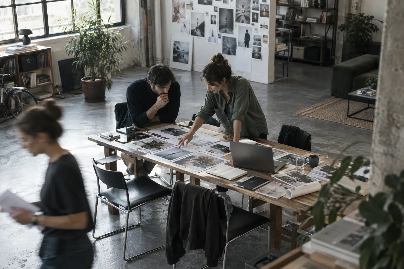 An agency team reviewing campaign layouts around a studio worktable.