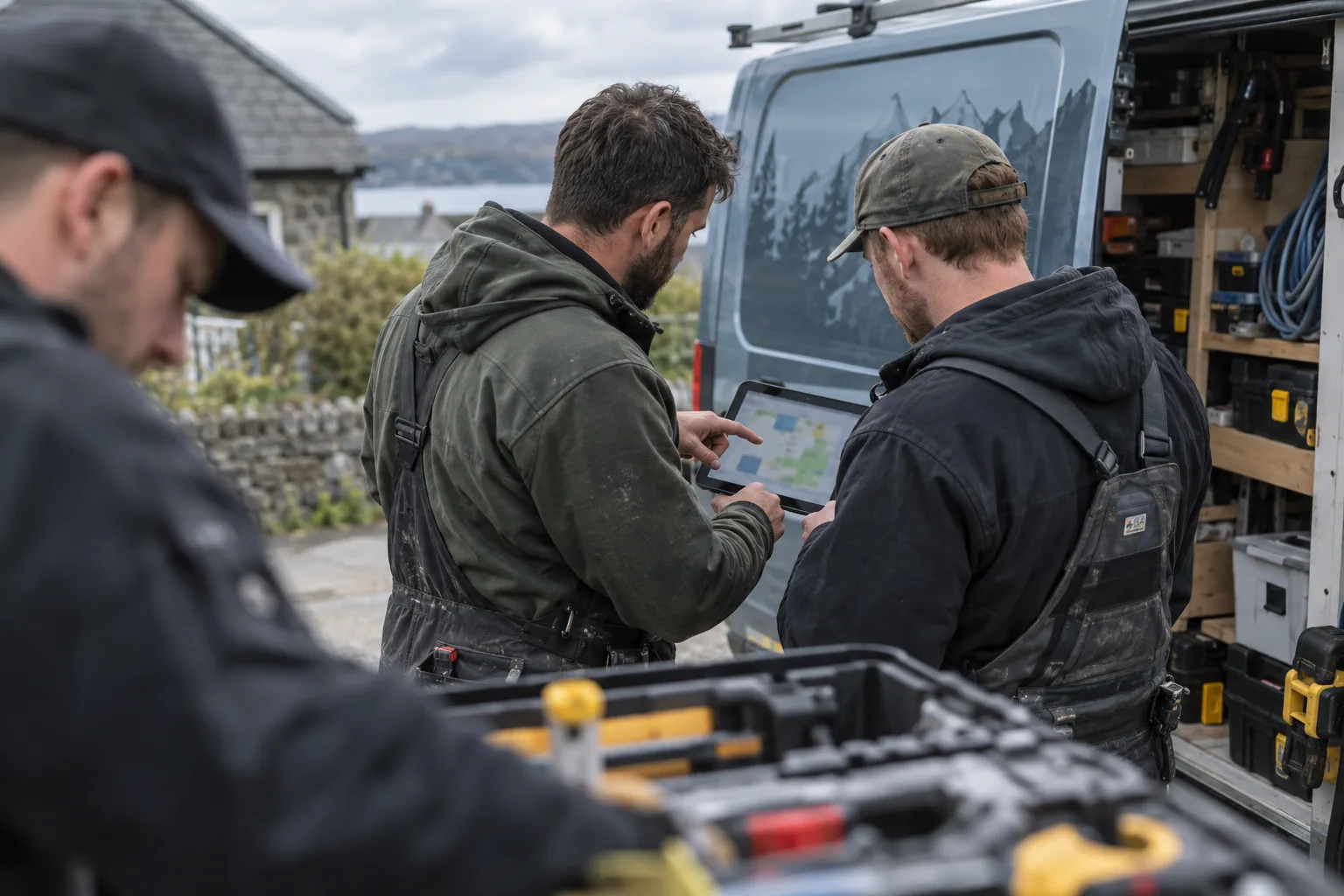 A field service team reviewing a job plan beside their work van.