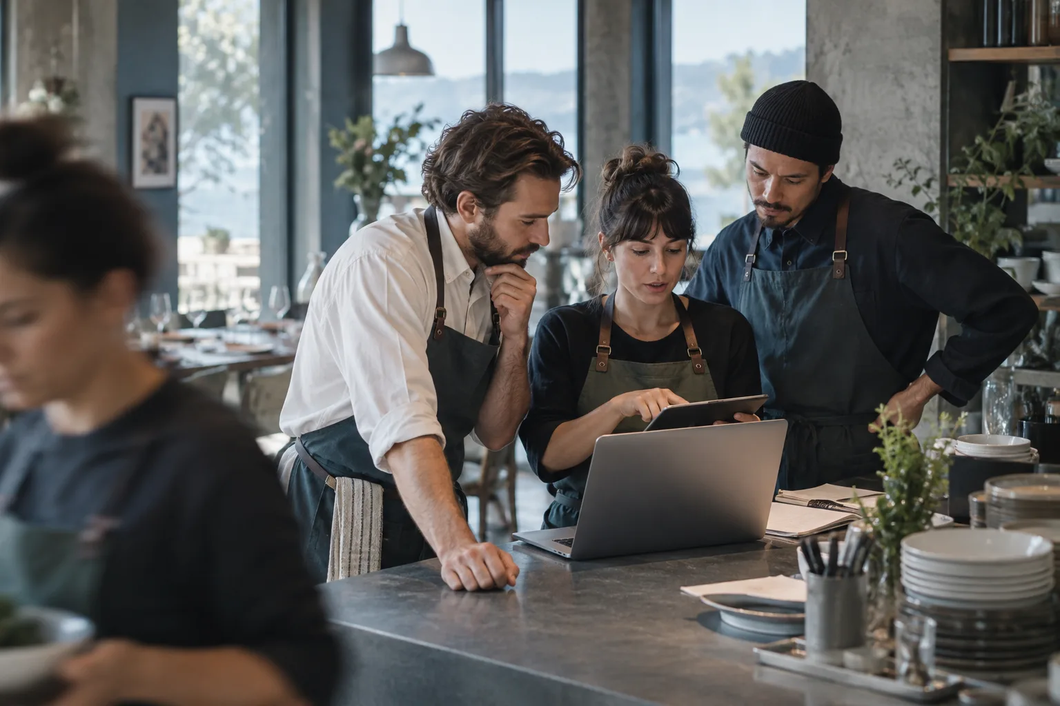A hospitality team coordinating the day's work around a shared table.