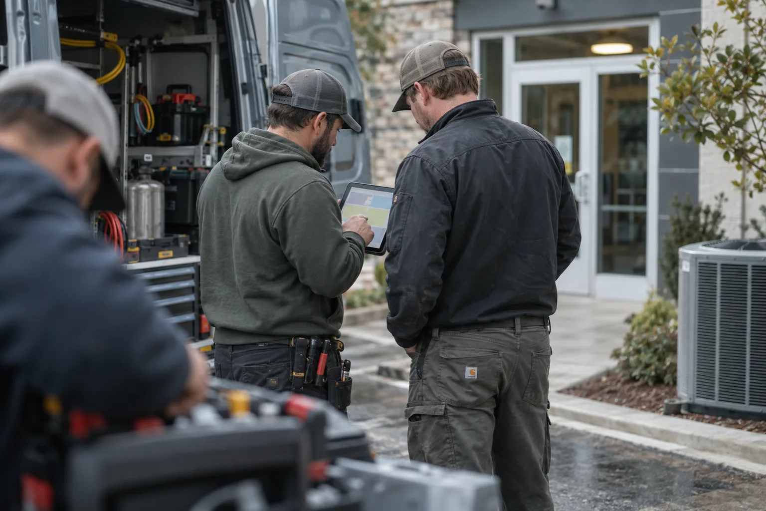 An HVAC technician reviewing a job plan on a tablet beside a service van.
