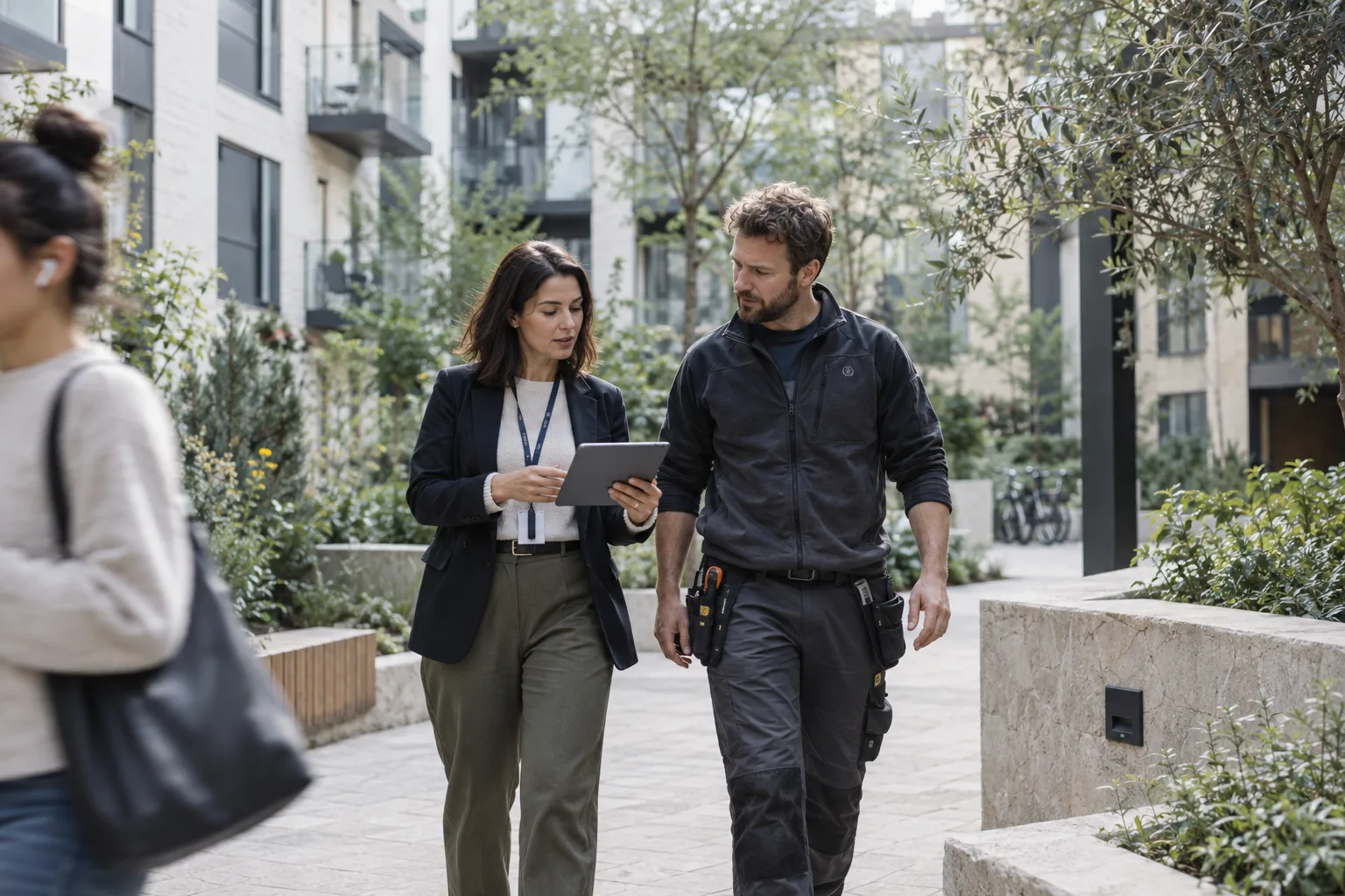 A property manager and maintenance colleague visiting an apartment courtyard.