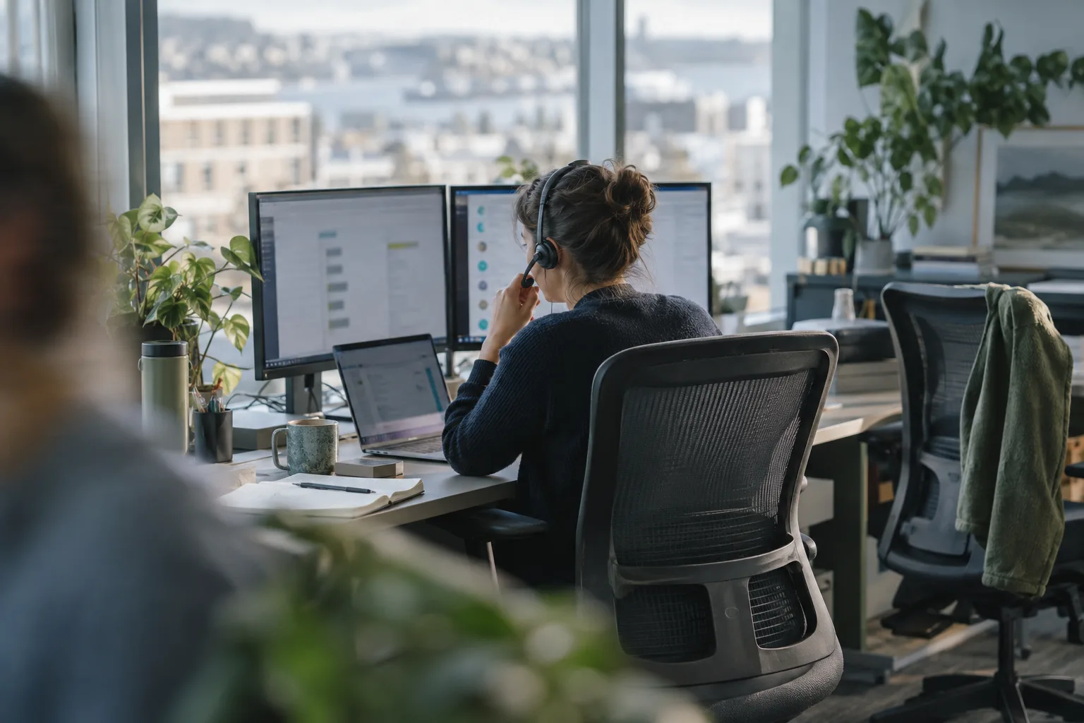 A sales operator working across multiple screens while calling and reviewing customer follow-ups.