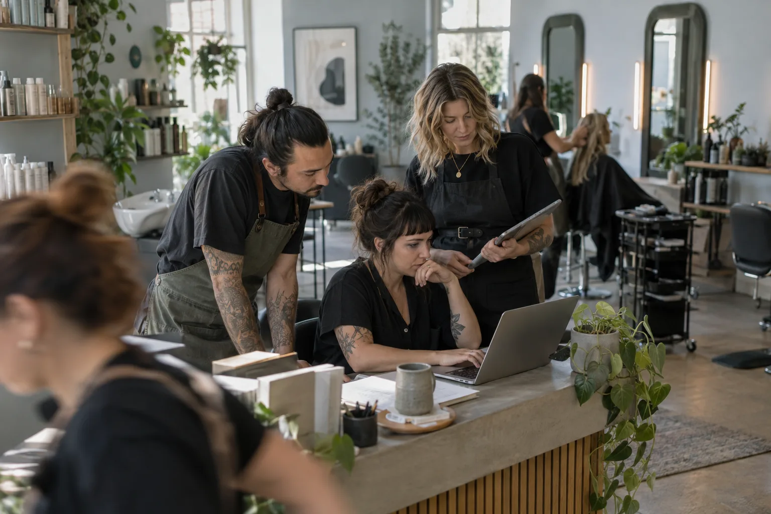 A salon team reviewing the day's appointments beside the reception desk.